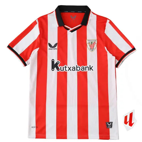 camisa athletic bilbao 2025, camisa torcedor basco, escudo bordado bilbao, uniforme tradicional futebol espanhol, camisa listrada athletic
