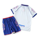 camisa japão infantil 1998, uniforme retrô copa 98, escudo japão bordado, camisa reserva japonesa, chamas brancas camisa japão, futebol asiático infantil
